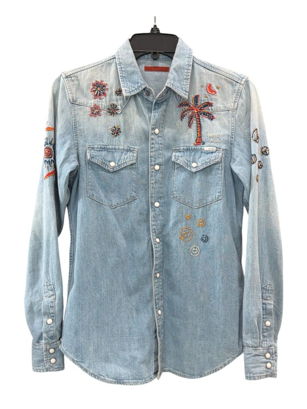 Mother Womens Embroidered Denim Shirt XS "All My Exes" Light Wash - Picture 2 of 11